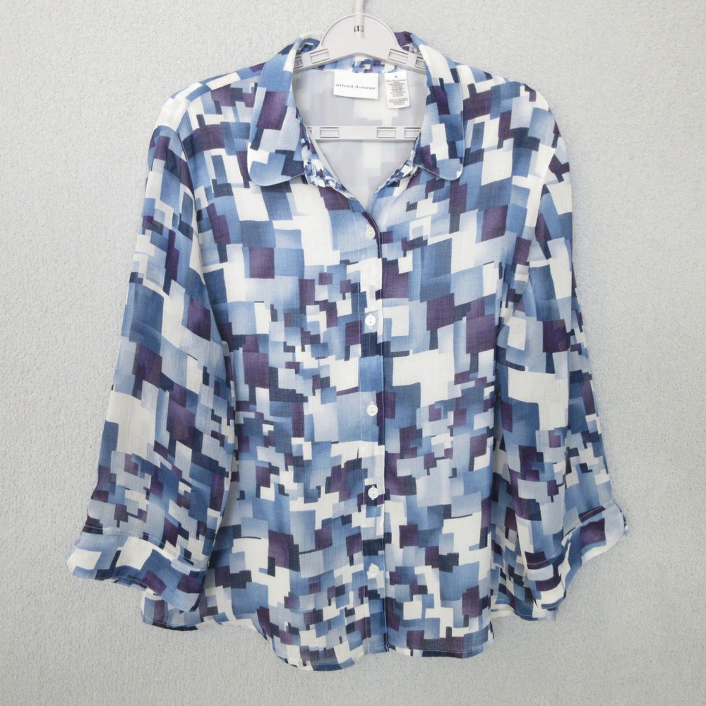 Alfred‎ Dunner Button Front Top Size 16 Blue Purple White Geometric Blouse